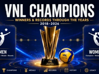 VNL Champions graphic featuring the Volleyball Nations League trophy, men’s and women’s competitions, medals, records and tournament history