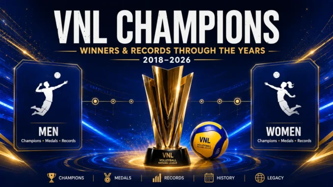 VNL Champions graphic featuring the Volleyball Nations League trophy, men’s and women’s competitions, medals, records and tournament history