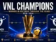VNL Champions graphic featuring the Volleyball Nations League trophy, men’s and women’s competitions, medals, records and tournament history