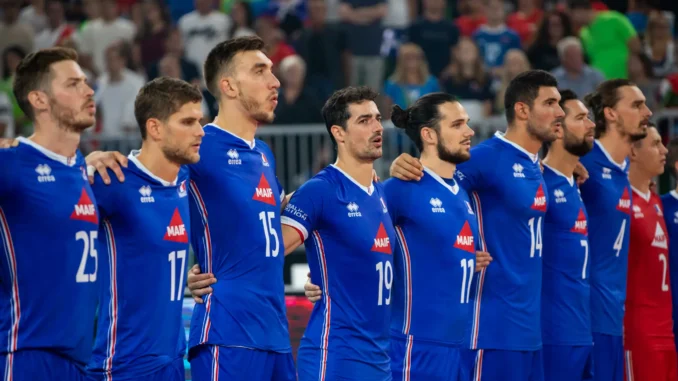 France men's national volleyball team before a match during an international volleyball tournament