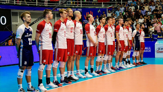 Poland men's national volleyball team before a Volleyball Nations League match
