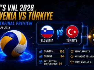 Slovenia vs Türkiye Men’s VNL 2026 quarterfinal preview graphic with team flags, records and Ningbo Finals branding