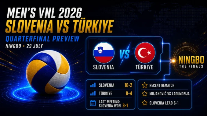 Slovenia vs Türkiye Men’s VNL 2026 quarterfinal preview graphic with team flags, records and Ningbo Finals branding