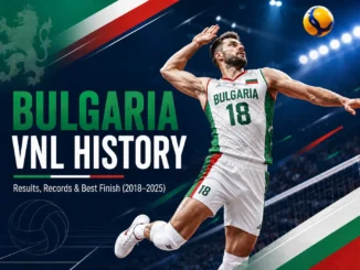 Bulgaria VNL history featured image with a volleyball player in Bulgaria national colors