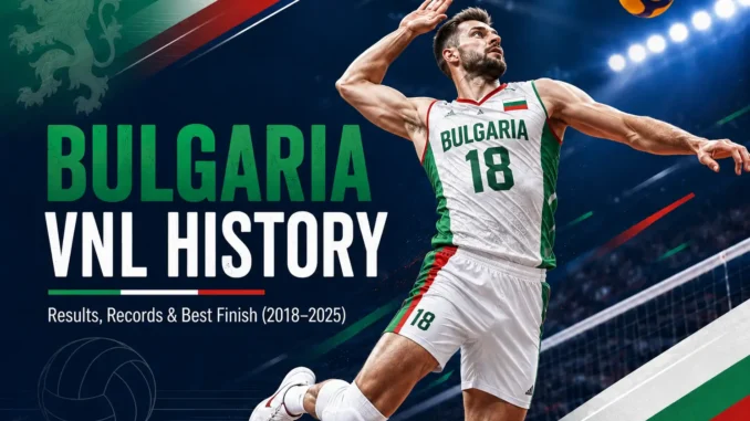 Bulgaria VNL history featured image with a volleyball player in Bulgaria national colors