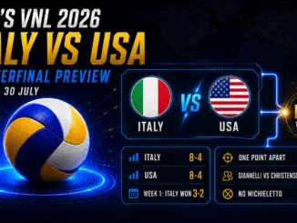 Italy vs USA Men’s VNL 2026 quarterfinal preview graphic with team flags, 8–4 records and Ningbo Finals branding