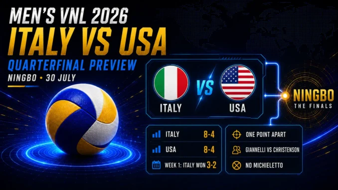 Italy vs USA Men’s VNL 2026 quarterfinal preview graphic with team flags, 8–4 records and Ningbo Finals branding