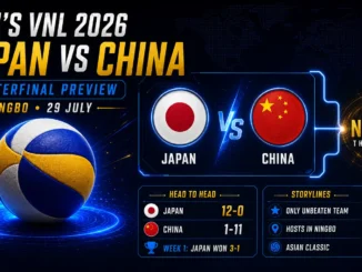 Japan vs China Men’s VNL 2026 quarterfinal preview graphic with team flags, tournament records and Ningbo Finals branding