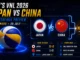 Japan vs China Men’s VNL 2026 quarterfinal preview graphic with team flags, tournament records and Ningbo Finals branding