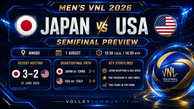 Japan vs USA Men’s VNL 2026 semifinal preview graphic with team flags, match time, recent meeting and quarterfinal paths