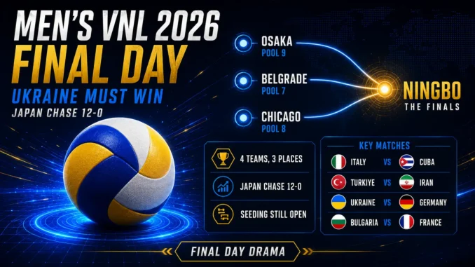Men’s VNL 2026 final-day graphic showing Ukraine’s must-win match, Japan chasing 12-0 and four teams competing for three Finals places