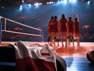 Poland jersey beside a volleyball court as China’s women celebrate reaching the VNL 2026 Finals