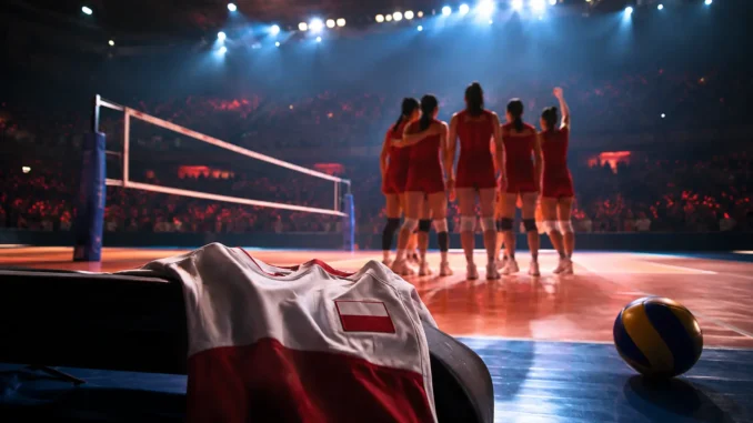 Poland jersey beside a volleyball court as China’s women celebrate reaching the VNL 2026 Finals