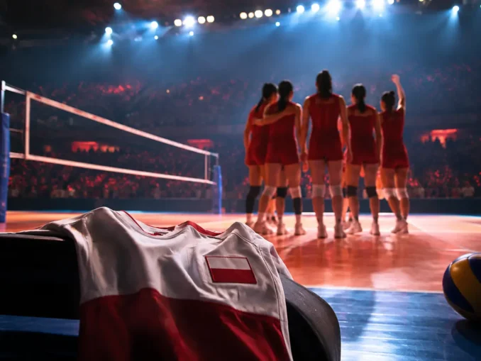Poland jersey beside a volleyball court as China’s women celebrate reaching the VNL 2026 Finals
