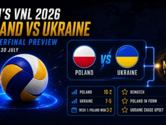 Poland vs Ukraine Men’s VNL 2026 quarterfinal preview graphic with team flags, tournament records and Ningbo Finals branding