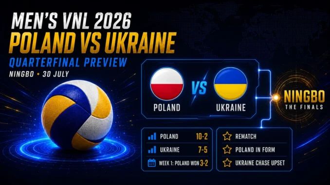 Poland vs Ukraine Men’s VNL 2026 quarterfinal preview graphic with team flags, tournament records and Ningbo Finals branding