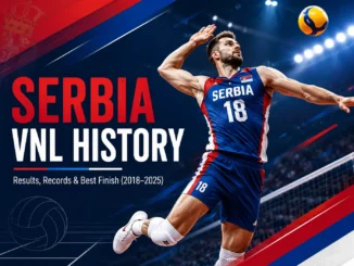 Serbia VNL history featured image with a volleyball player in Serbian national colors