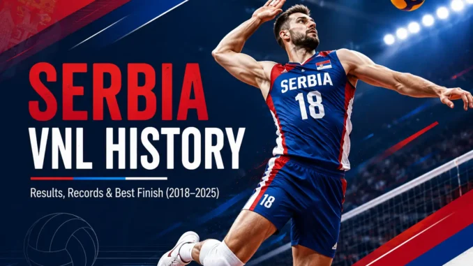 Serbia VNL history featured image with a volleyball player in Serbian national colors