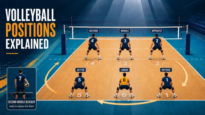 Illustration of volleyball player roles and court rotation positions 1–6, including setter, outside hitters, opposite, middle blockers and libero.