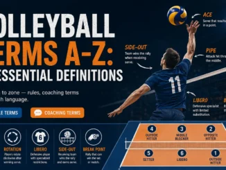 Volleyball glossary illustration featuring a player at the net and terms such as ace, rotation, libero, side-out, break point and pipe.