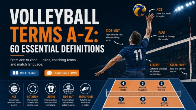 Volleyball glossary illustration featuring a player at the net and terms such as ace, rotation, libero, side-out, break point and pipe.