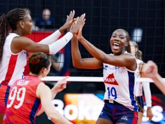 France players celebrate during the Women’s EuroVolley 2026 match against Croatia