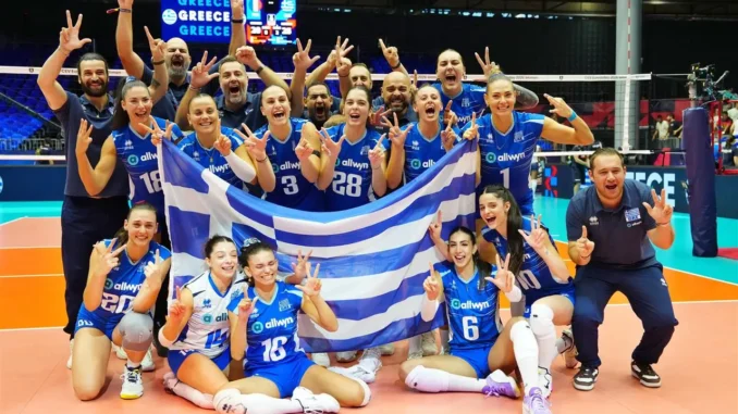 Greece women's volleyball team celebrate after beating France 3-0 in the Women's EuroVolley 2026 Round of 16