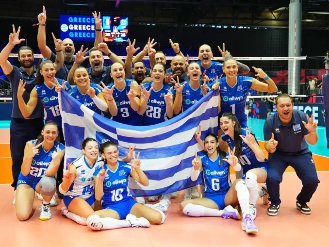 Greece women's volleyball team celebrate after beating France 3-0 in the Women's EuroVolley 2026 Round of 16