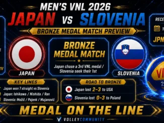Japan vs Slovenia Men’s VNL 2026 bronze medal match preview graphic with team flags, match time and recent meeting