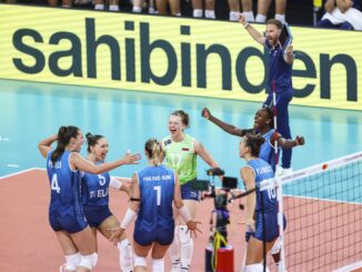 Slovenia players celebrate during the Women’s EuroVolley 2026 match against Germany