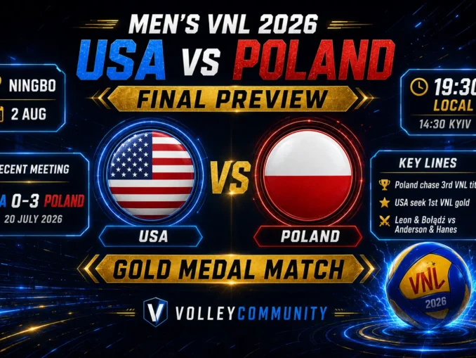 USA vs Poland Men’s VNL 2026 final preview graphic with team flags, match time, recent meeting and gold medal storyline