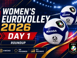 Women’s EuroVolley 2026 Day 1 results roundup with volleyballs and tournament branding