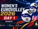 Women’s EuroVolley 2026 Day 1 results roundup with volleyballs and tournament branding
