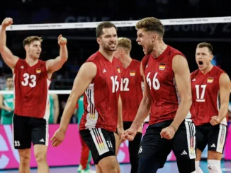 Germany players celebrate their five-set comeback victory over Bulgaria at Men’s EuroVolley 2026