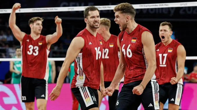 Germany players celebrate their five-set comeback victory over Bulgaria at Men’s EuroVolley 2026