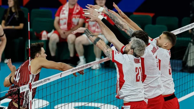 Volleyball players forming a block at the net during Poland vs Latvia at Men’s EuroVolley 2026