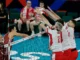 Volleyball players forming a block at the net during Poland vs Latvia at Men’s EuroVolley 2026
